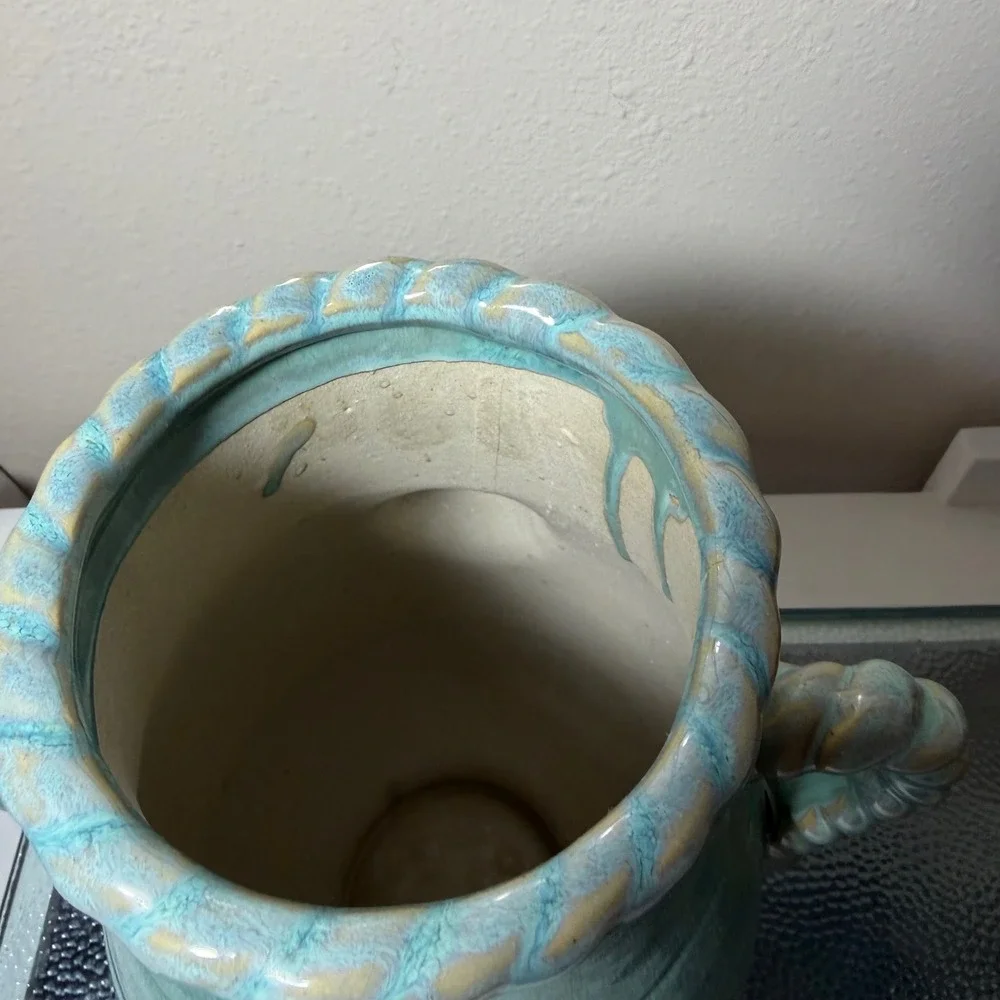 Terracotta Lion Head Vase Turquoise Drip Glaze Twisted Handle Amphora 11.25